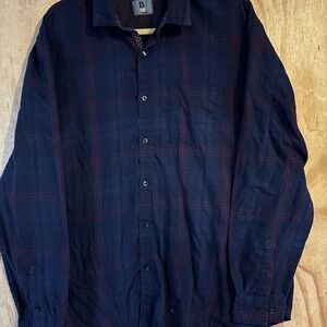 B LUX by‎ Bruno Plaid Button Up Shirt Mens XL Navy Burgundy Polka Dot Trim